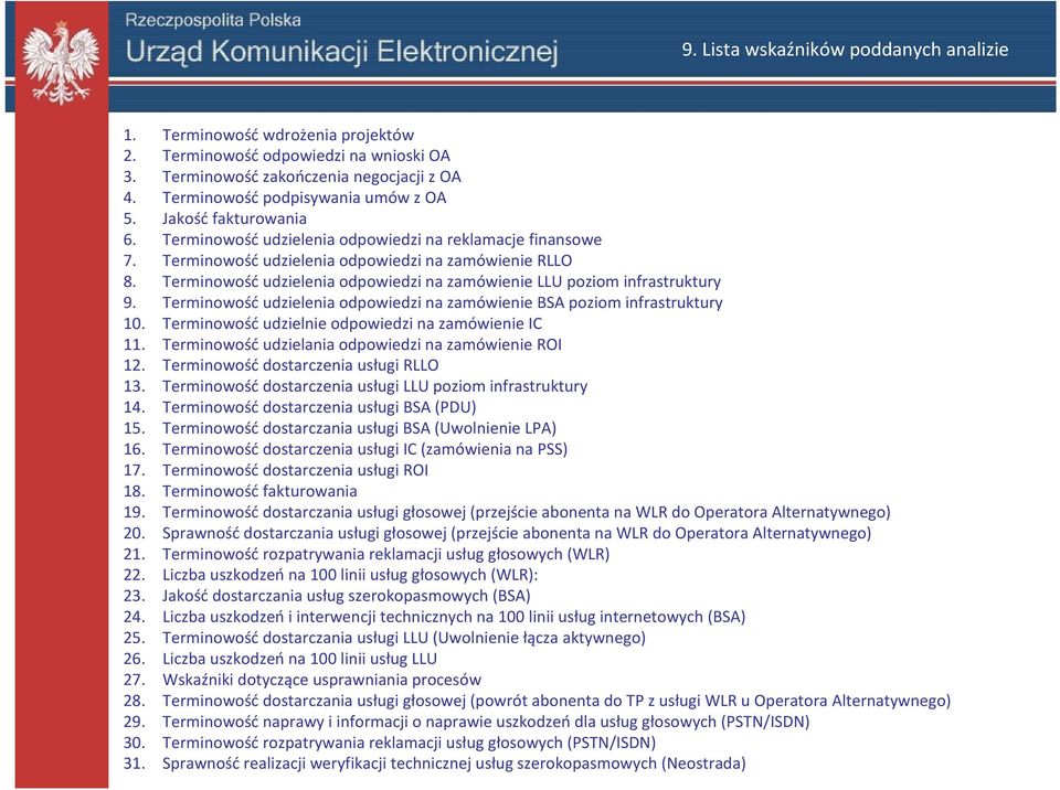 Terminowość udzielenia odpowiedzi na zamówienie LLU poziom infrastruktury 9. Terminowość udzielenia odpowiedzi na zamówienie BSA poziom infrastruktury 10.