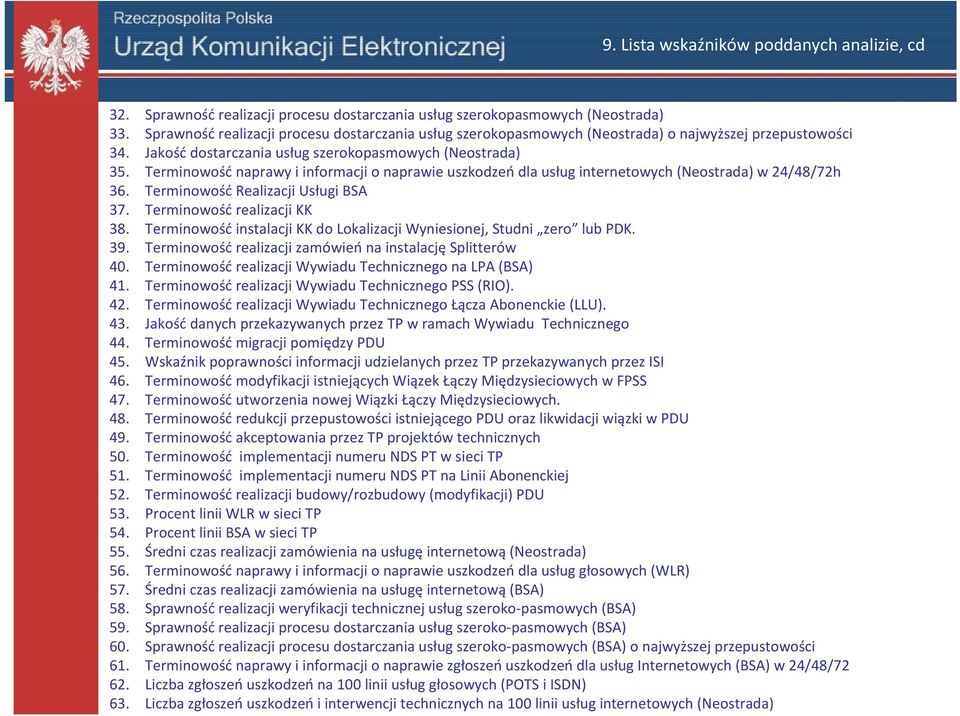 Terminowość naprawy i informacji o naprawie uszkodzeń dla usług internetowych (Neostrada) w 24/48/72h 36. TerminowośćRealizacji Usługi BSA 37. Terminowość realizacji KK 38.