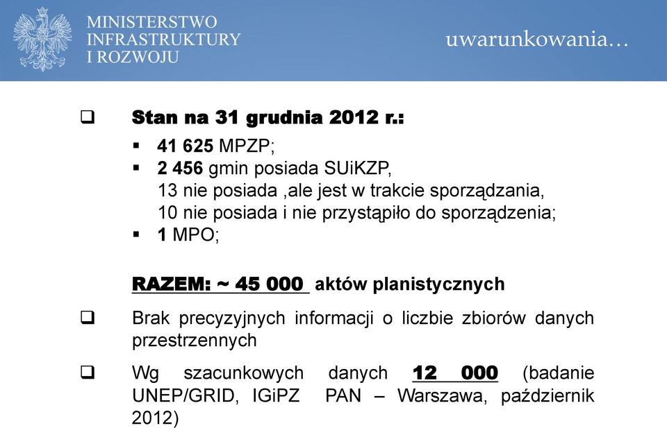 nie posiada i nie przystąpiło do sporządzenia; 1 MPO; RAZEM: ~ 45 000 aktów planistycznych