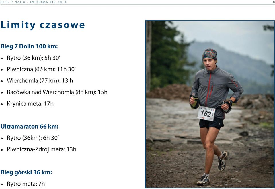 Bacówka nad Wierchomlą (88 km): 15h Krynica meta: 17h Ultramaraton 66 km: