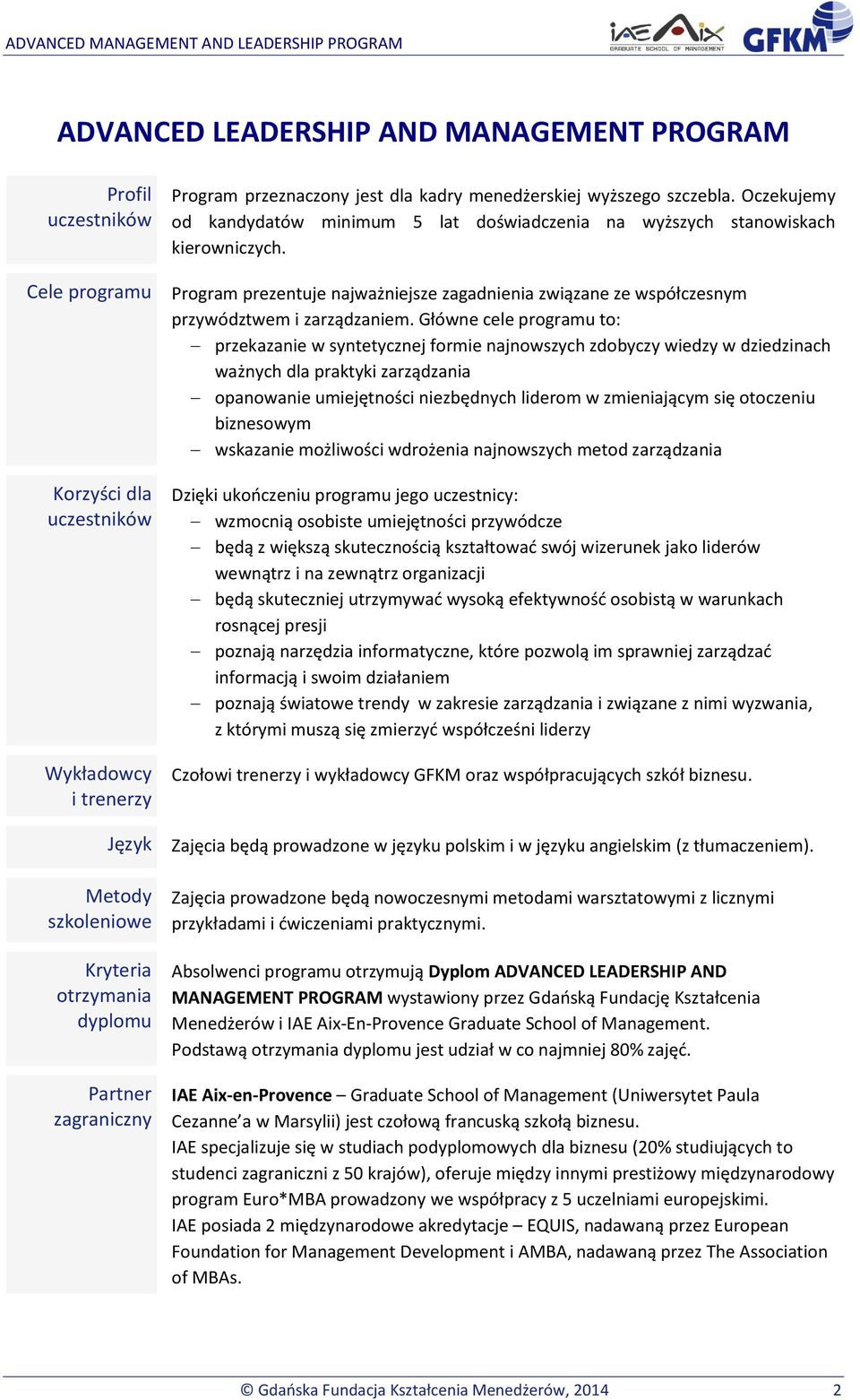 Program prezentuje najważniejsze zagadnienia związane ze współczesnym przywództwem i zarządzaniem.