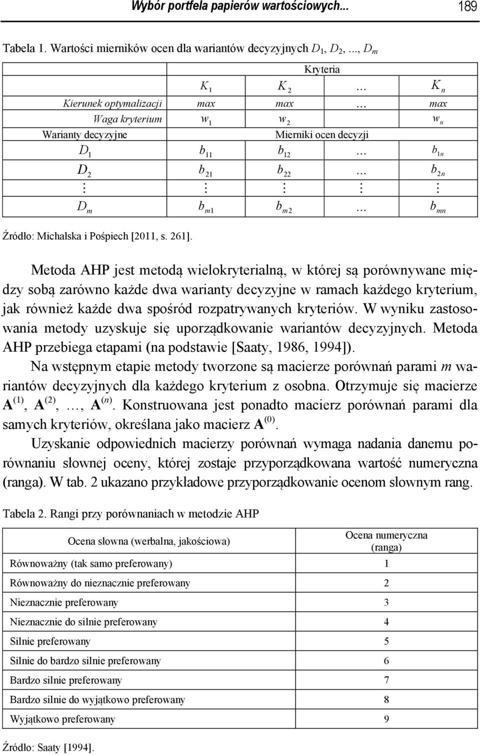 Metoda AHP jest metodą welokryteralną, w której są porównywane mędzy soą zarówno każde dwa waranty decyzyjne w ramach każdego kryterum, jak równeż każde dwa spośród rozpatrywanych kryterów.