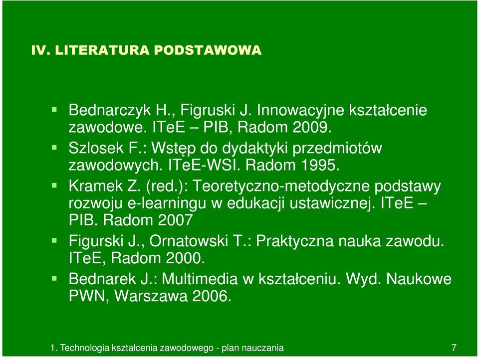 ): Teoretyczno-metodyczne podstawy rozwoju e-learningu w edukacji ustawicznej. ITeE PIB. Radom 2007 Figurski J.