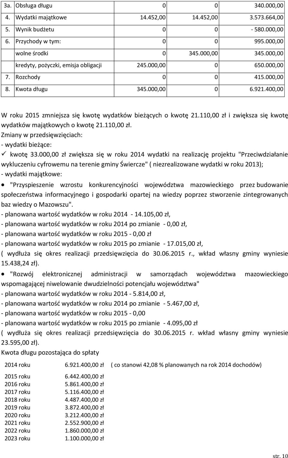 110,00 zł i zwiększa się kwotę wydatków majątkowych o kwotę 21.110,00 zł. Zmiany w przedsięwzięciach: - wydatki bieżące: kwotę 33.