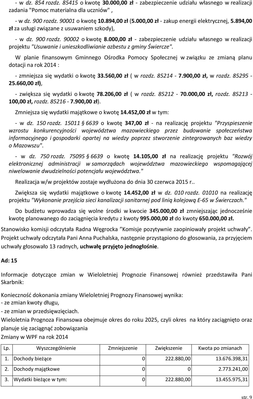 000,00 zł - zabezpieczenie udziału własnego w realizacji projektu "Usuwanie i unieszkodliwianie azbestu z gminy Świercze".