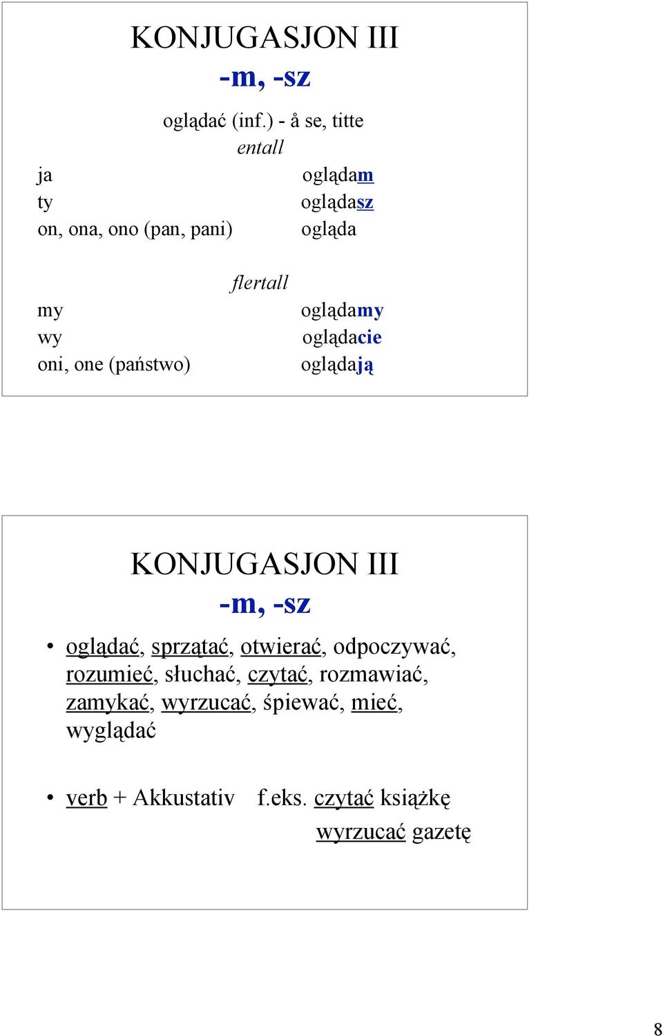 ogląda oglądacie oglądają KONJUGASJON III -m, -sz oglądać, sprzątać, otwierać,