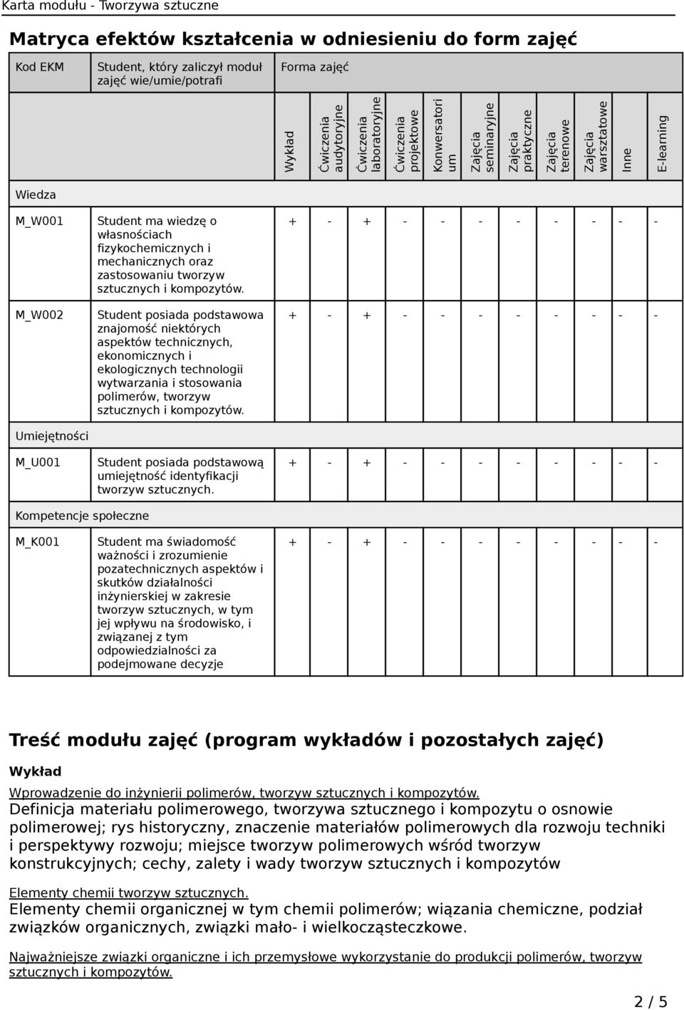 Student posiada podstawowa znajomość niektórych aspektów technicznych, ekonomicznych i ekologicznych technologii wytwarzania i stosowania polimerów, tworzyw Student posiada podstawową umiejętność