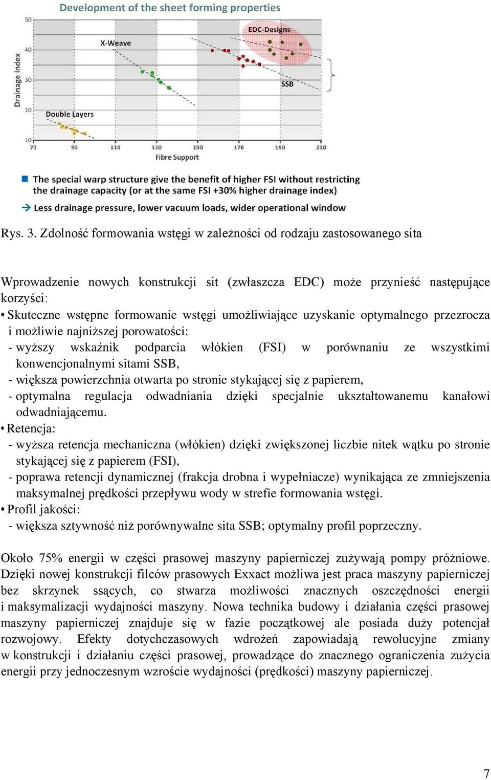 umożliwiające uzyskanie optymalnego przezrocza i możliwie najniższej porowatości: - wyższy wskaźnik podparcia włókien (FSI) w porównaniu ze wszystkimi konwencjonalnymi sitami SSB, - większa