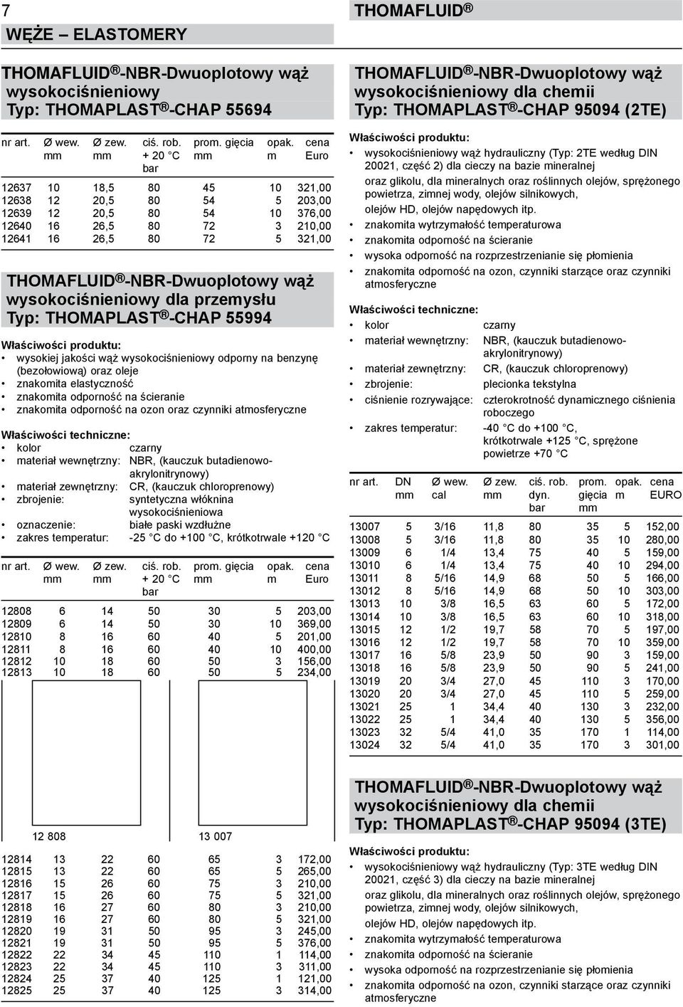 wysokociśnieniowy dla przemysłu Typ: THOMAPLAST -CHAP 55994 wysokiej jakości wąż wysokociśnieniowy odporny na benzynę (bezołowiową) oraz oleje znakomita elastyczność znakomita odporność na ścieranie