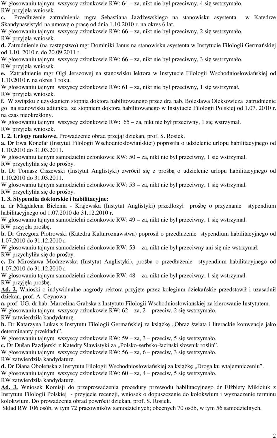Zatrudnienie (na zastępstwo) mgr Dominiki Janus na stanowisku asystenta w Instytucie Filologii Germańskiej od 1.10. 2010 r. do 20.09.2011 r.