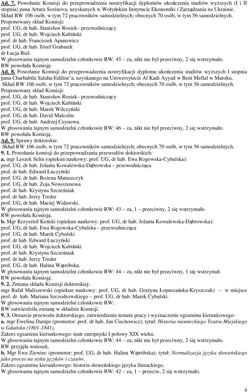 Proponowany skład Komisji: prof. UG, dr hab. Stanisław Rosiek przewodniczący prof. UG, dr hab. Wojciech Kubiński prof. dr hab. Franciszek Apanowicz prof. UG, dr hab. Józef Grabarek dr Łucja Biel.