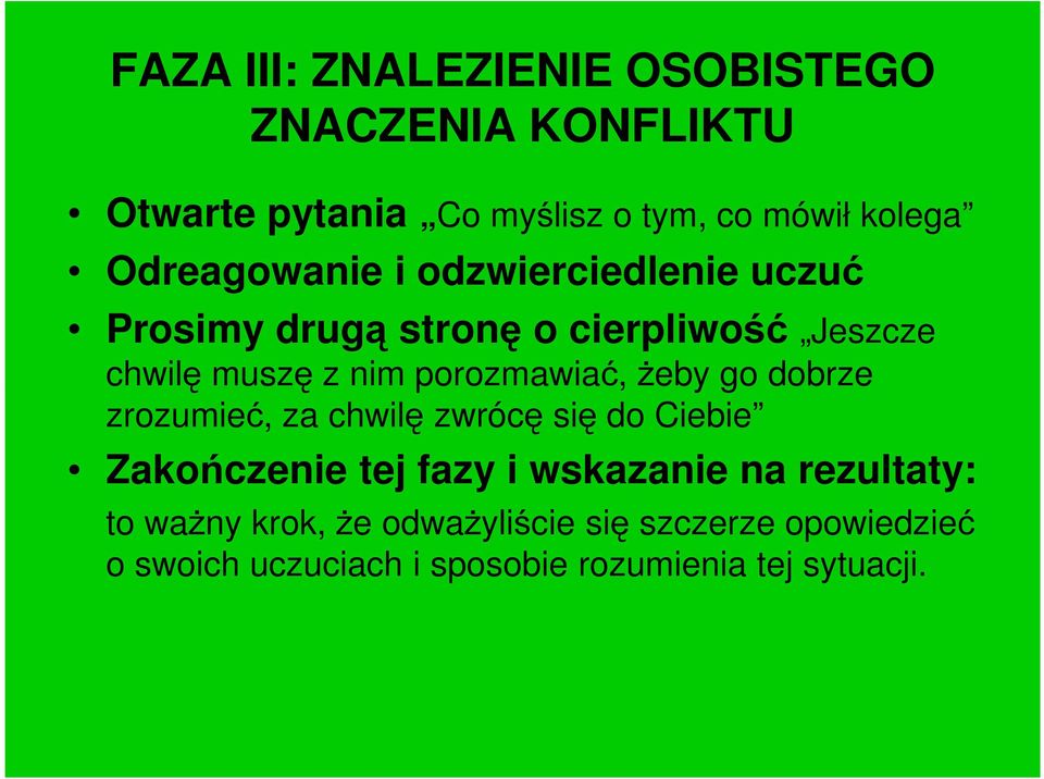 porozmawiać, żeby go dobrze zrozumieć, za chwilę zwrócę się do Ciebie Zakończenie tej fazy i wskazanie na