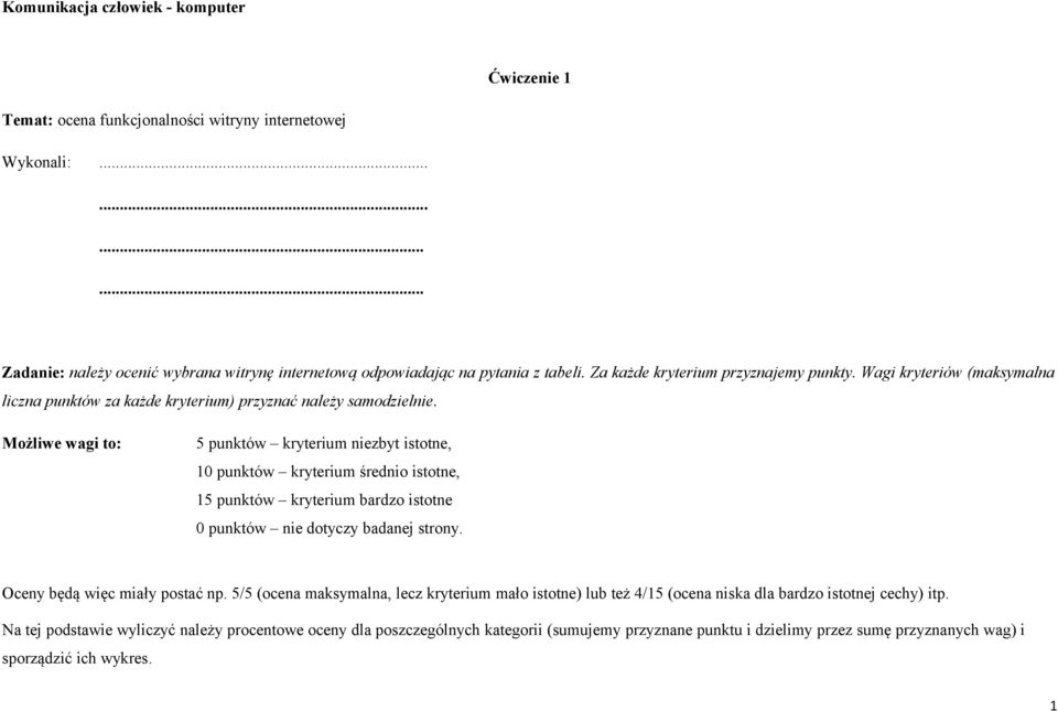 Możliwe wagi to: 5 punktów kryterium niezbyt istotne, 10 punktów kryterium średnio istotne, 15 punktów kryterium bardzo istotne 0 punktów nie dotyczy badanej strony. Oceny będą więc miały postać np.