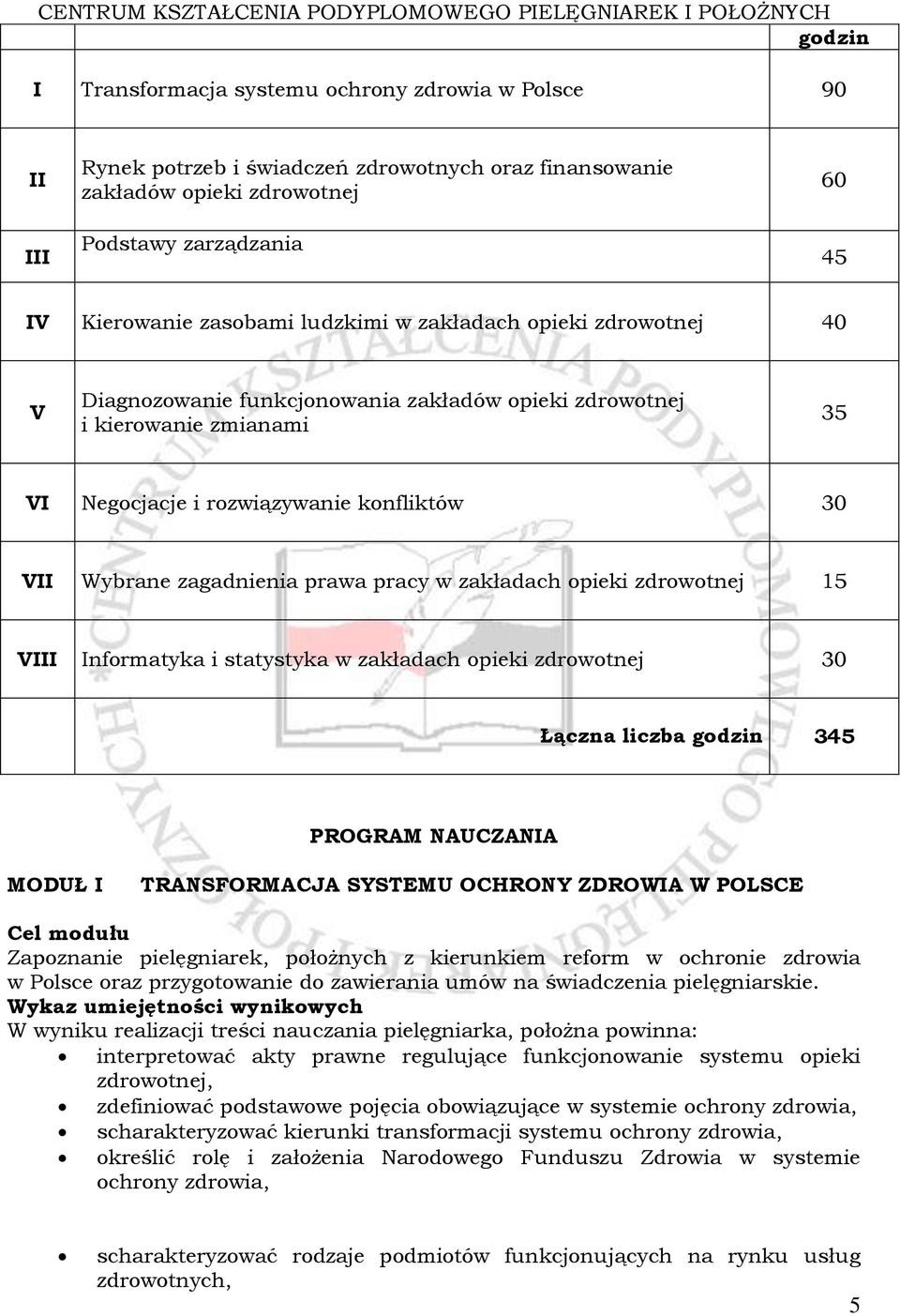 pracy w zakładach opieki zdrowotnej 15 VIII Informatyka i statystyka w zakładach opieki zdrowotnej 30 Łączna liczba godzin 345 PROGRAM NAUCZANIA MODUŁ I TRANSFORMACJA SYSTEMU OCHRONY ZDROWIA W POLSCE