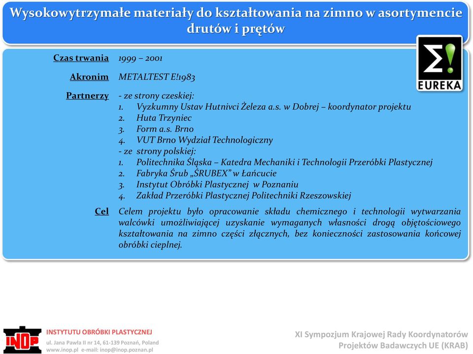 Politechnika Śląska Katedra Mechaniki i Technologii Przeróbki Plastycznej 2. Fabryka Śrub ŚRUBEX w Łańcucie 3. Instytut Obróbki Plastycznej w Poznaniu 4.