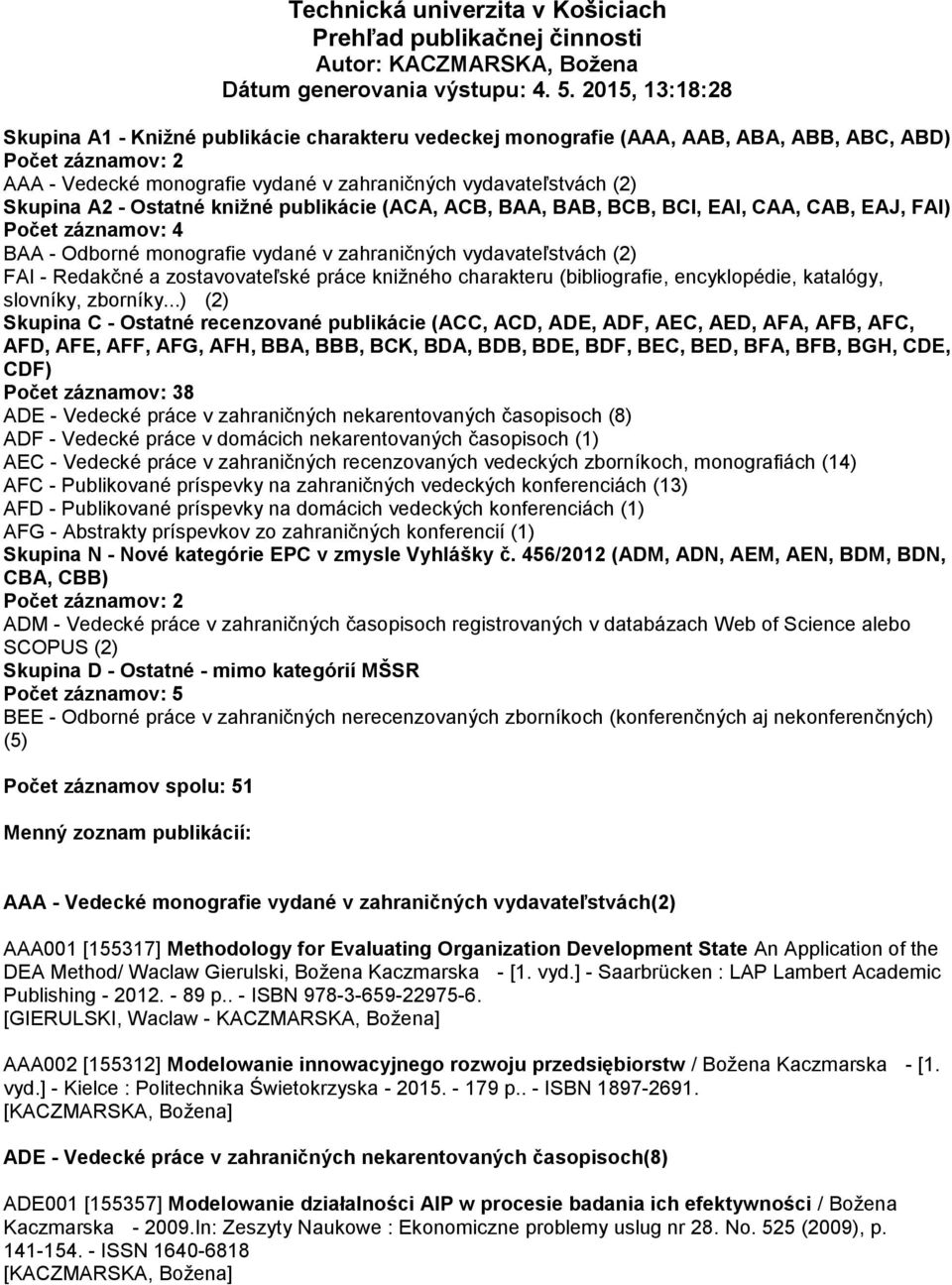 Skupina A2 - Ostatné knižné publikácie (ACA, ACB, BAA, BAB, BCB, BCI, EAI, CAA, CAB, EAJ, FAI) Počet záznamov: 4 BAA - Odborné monografie vydané v zahraničných vydavateľstvách (2) FAI - Redakčné a