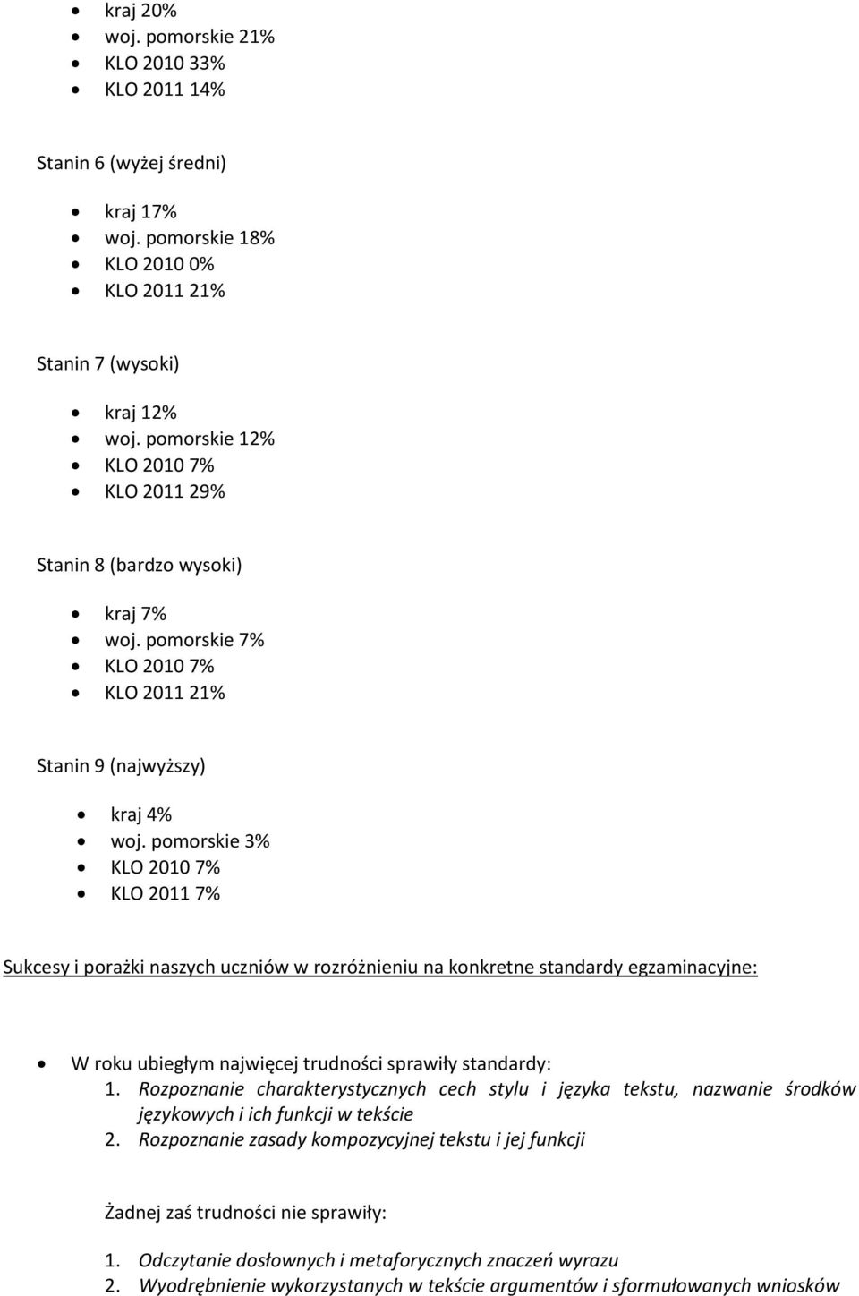 pomorskie 3% KLO 2010 7% KLO 2011 7% Sukcesy i porażki naszych uczniów w rozróżnieniu na konkretne standardy egzaminacyjne: W roku ubiegłym najwięcej trudności sprawiły standardy: 1.