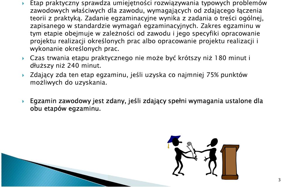 Zakres egzaminu w tym etapie obejmuje w zależności od zawodu i jego specyfiki opracowanie projektu realizacji określonych prac albo opracowanie projektu realizacji i wykonanie