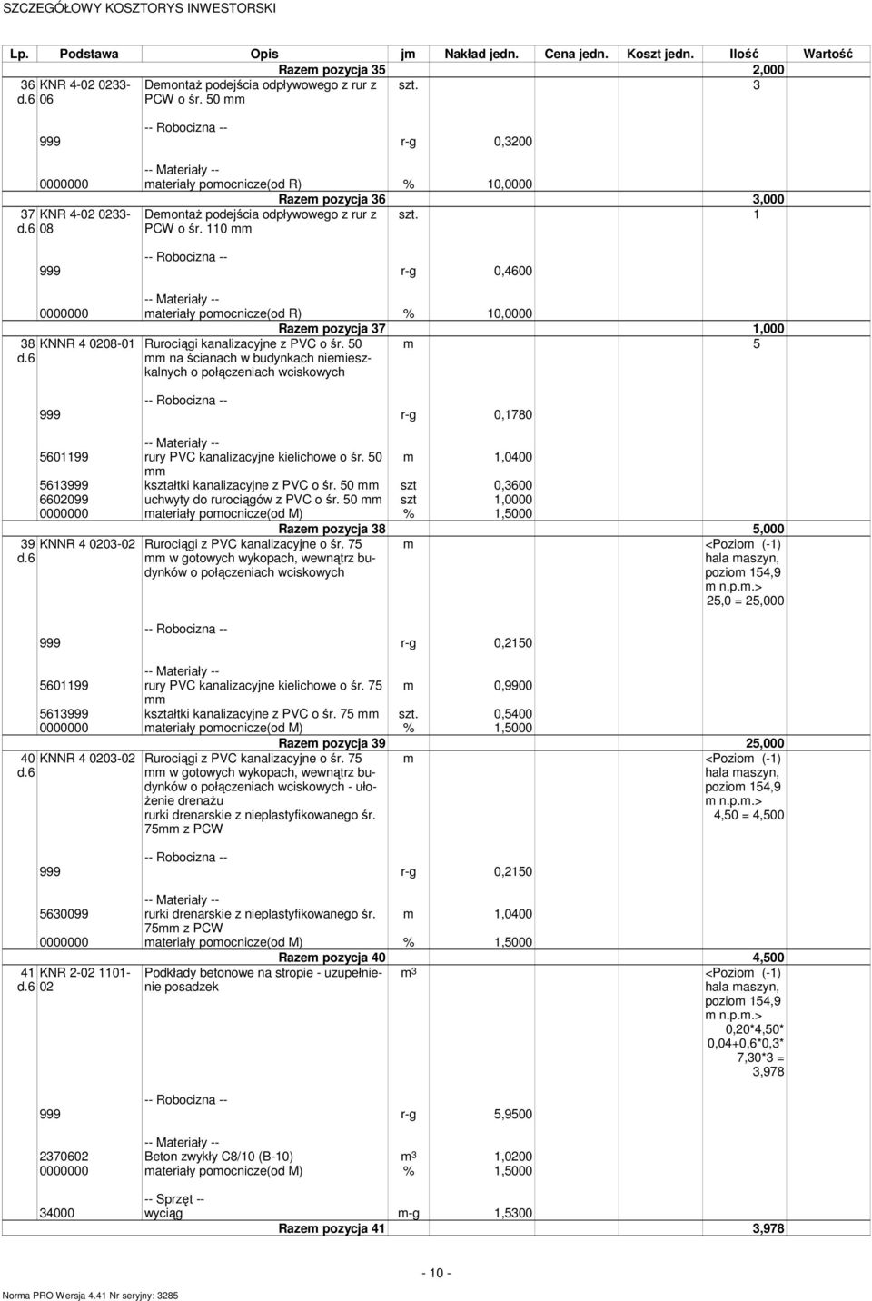 110 Raze pozycja 36 3,000 1 999 r-g 0,4600 0000000 ateriały poocnicze(od R) % 10,0000 KNNR 4 0208-01 Rurociągi kanalizacyjne z PVC o śr.