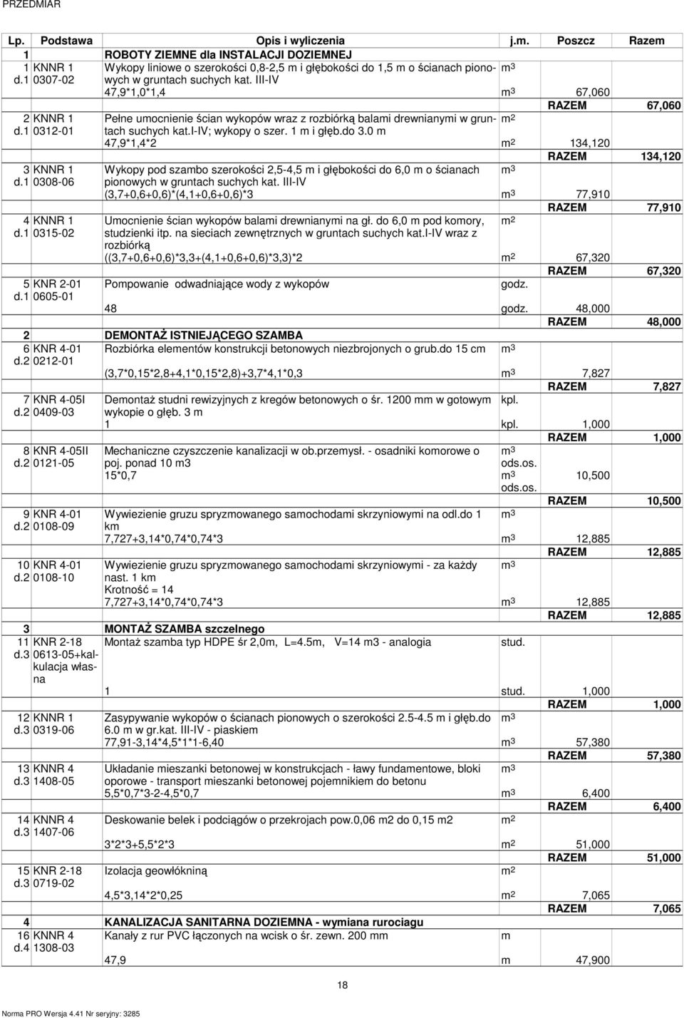 i-iv; wykopy o szer. 1 i głęb.do 3.0 47,9*1,4*2 2 134,120 RAZEM 134,120 3 KNNR 1 Wykopy pod szabo szerokości 2,5-4,5 i głębokości do 6,0 o ścianach 3 d.1 0308-06 pionowych w gruntach suchych kat.