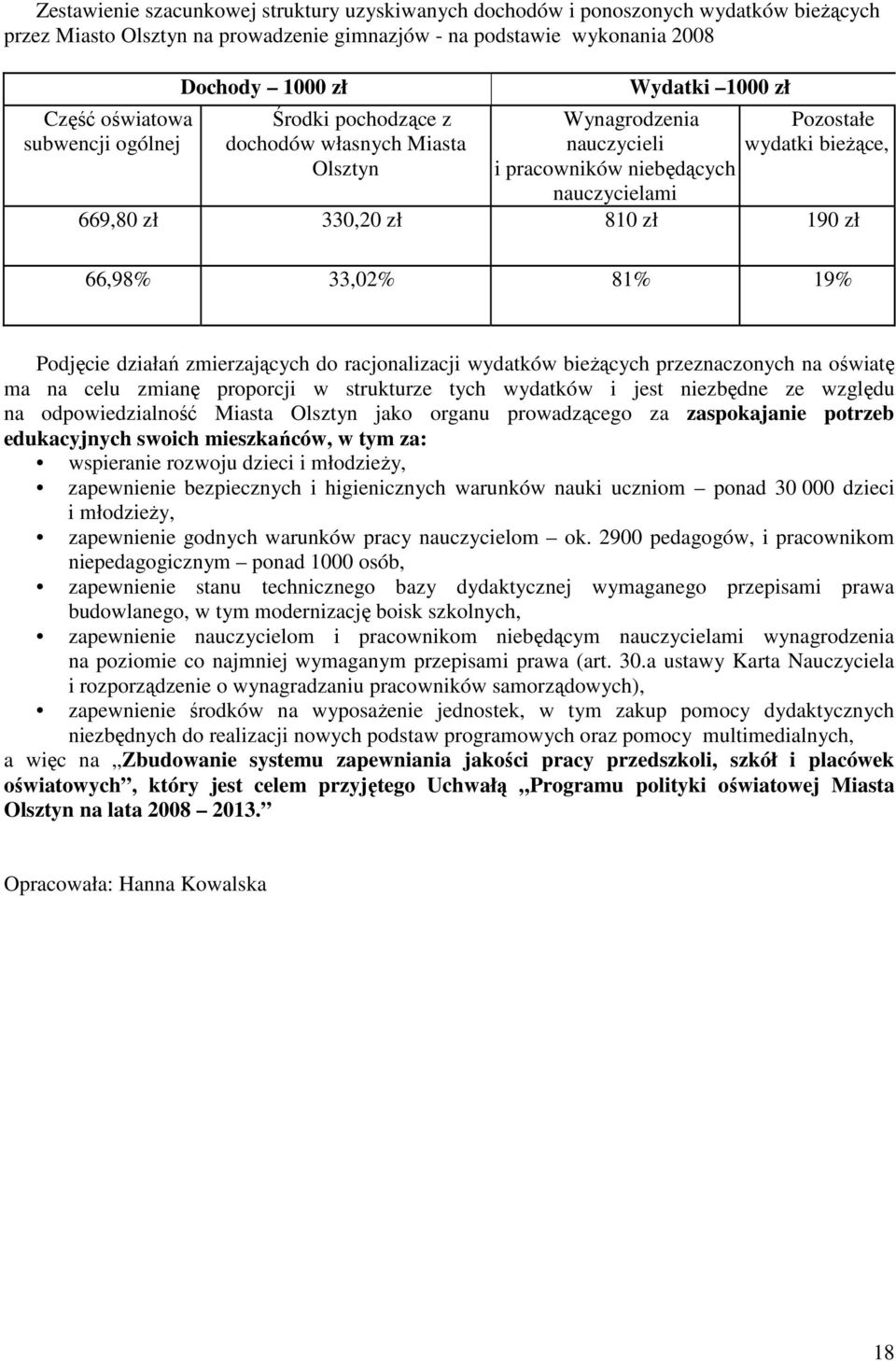 810 zł 190 zł 66,98% 33,02% 81% 19% Podjęcie działań zmierzających do racjonalizacji wydatków bieŝących przeznaczonych na oświatę ma na celu zmianę proporcji w strukturze tych wydatków i jest