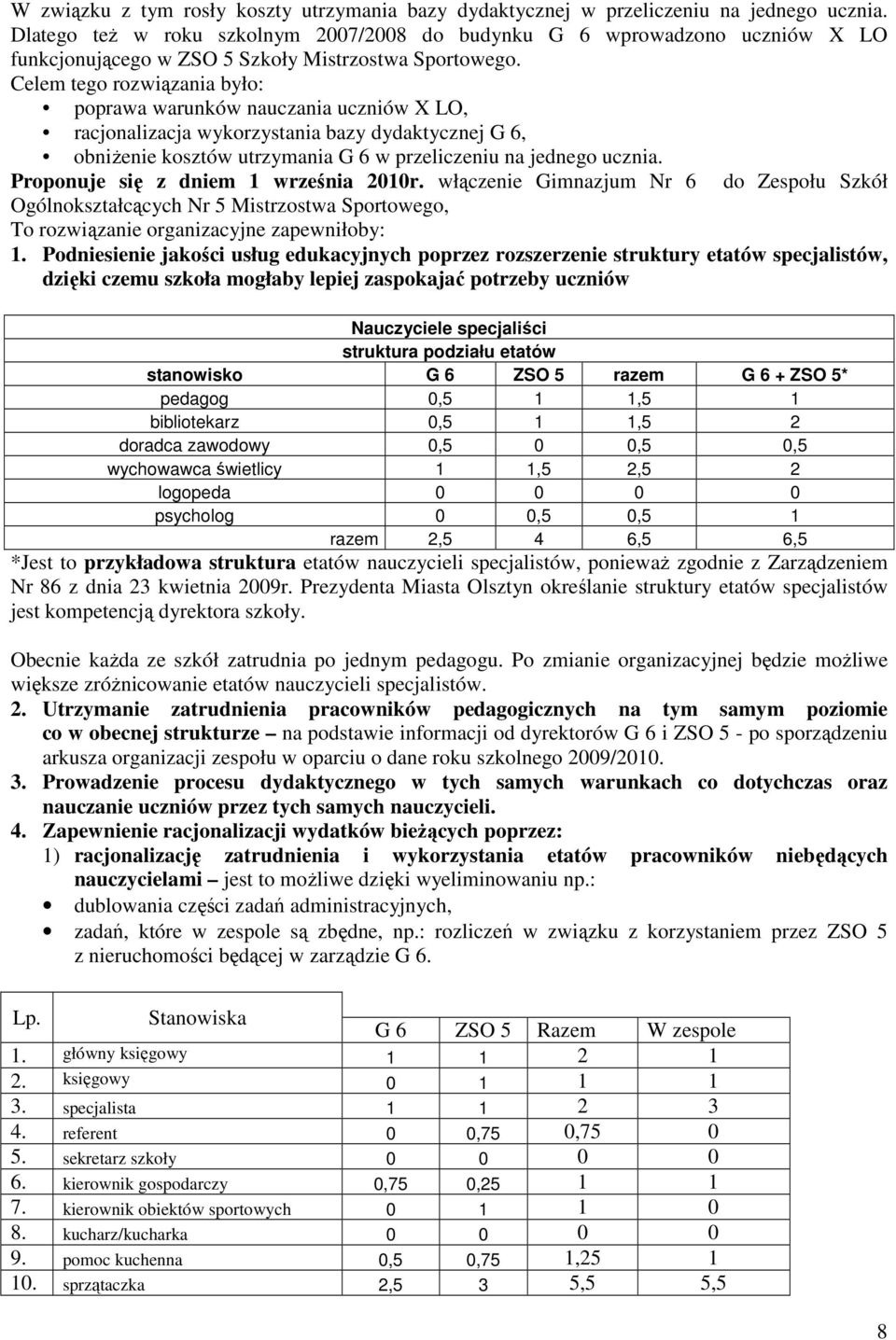 Celem tego rozwiązania było: poprawa warunków nauczania uczniów X LO, racjonalizacja wykorzystania bazy dydaktycznej G 6, obniŝenie kosztów utrzymania G 6 w przeliczeniu na jednego ucznia.