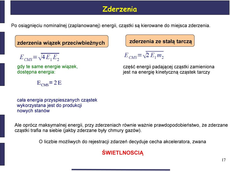 energię kinetyczną cząstek tarczy E CMS = 2 E cała energia przyspieszanych cząstek wykorzystana jest do produkcji nowych stanów Ale oprócz maksymalnej