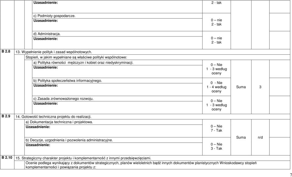 0 nie 2 - tak 0 nie 2 - tak 1-3 według oceny b) Polityka społeczeństwa informacyjnego. c) Zasada zrównowaŝonego rozwoju. 0 - Nie 1-4 według oceny 1-3 według oceny Suma 3 B 2.9 14.