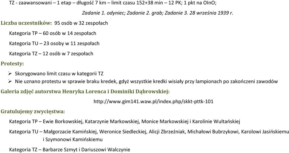 Skorygowano limit czasu w kategorii TZ Nie uznano protestu w sprawie braku kredek, gdyż wszystkie kredki wisiały przy lampionach po zakończeni zawodów Galeria zdjęć autorstwa Henryka Lorenca i