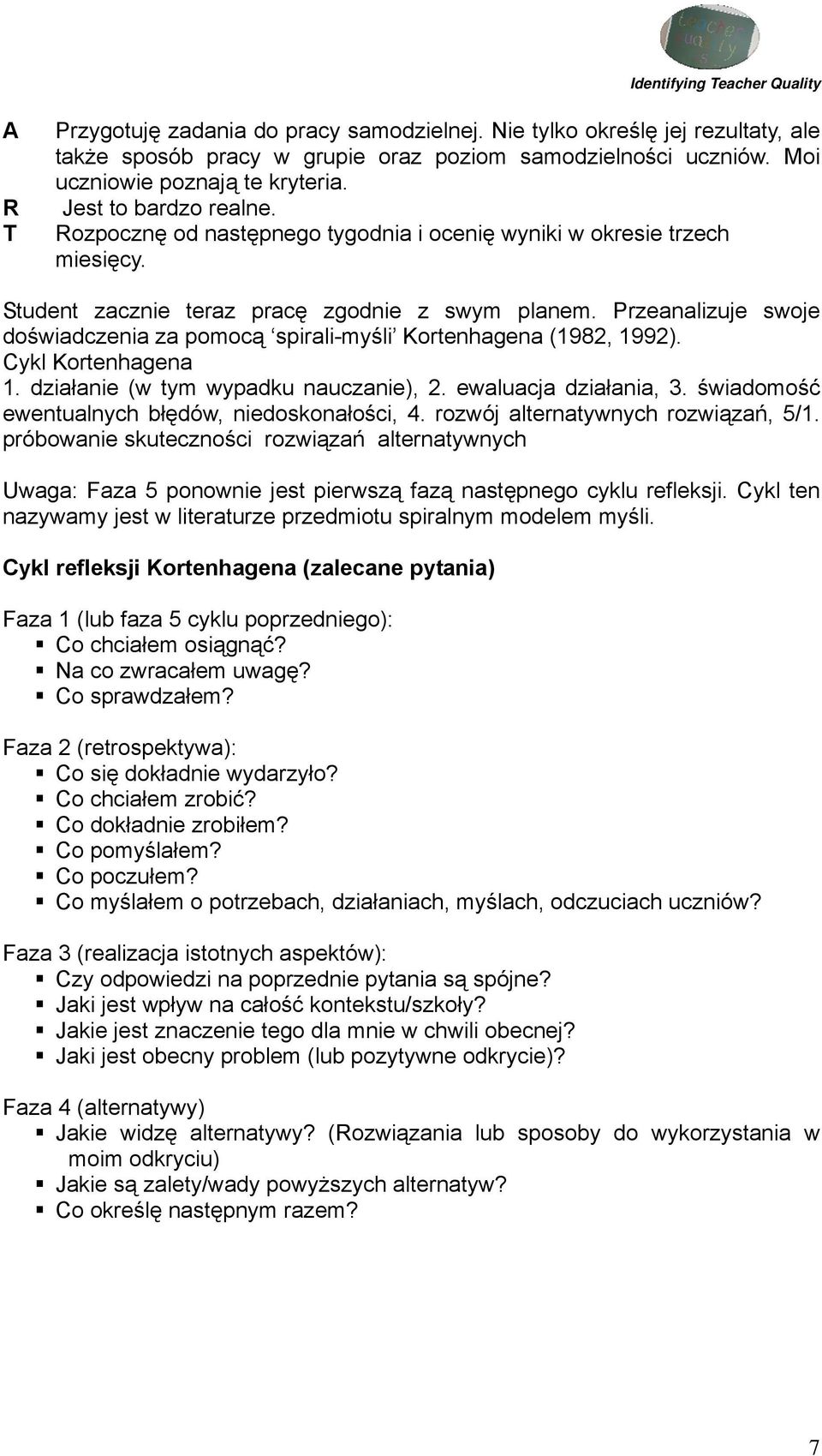 Przeanalizuje swoje doświadczenia za pomocą spirali-myśli Kortenhagena (1982, 1992). Cykl Kortenhagena 1. działanie (w tym wypadku nauczanie), 2. ewaluacja działania, 3.