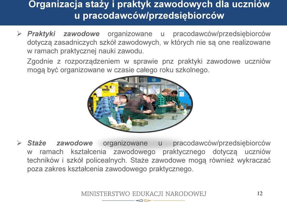 Zgodnie z rozporządzeniem w sprawie pnz praktyki zawodowe uczniów mogą być organizowane w czasie całego roku szkolnego.