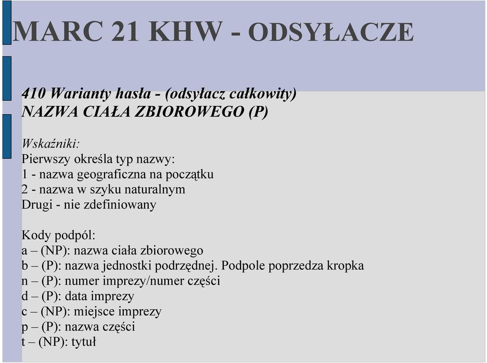 zdefiniowany Kody podpól: a (NP): nazwa ciała zbiorowego b (P): nazwa jednostki podrzędnej.