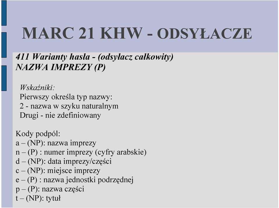 Kody podpól: a (NP): nazwa imprezy n (P) : numer imprezy (cyfry arabskie) d (NP): data
