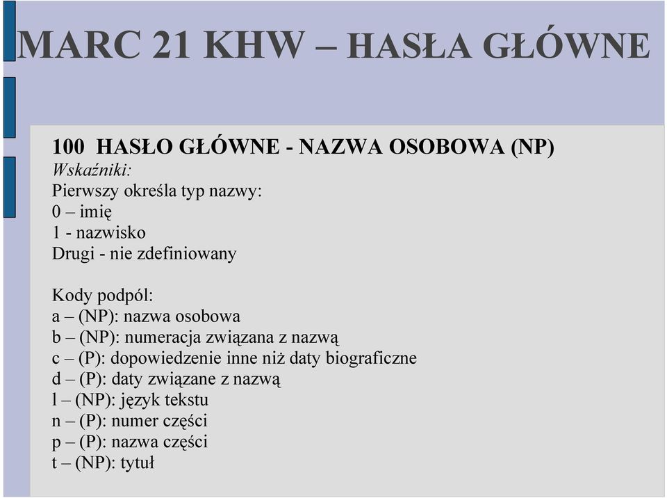 b (NP): numeracja związana z nazwą c (P): dopowiedzenie inne niż daty biograficzne d (P):