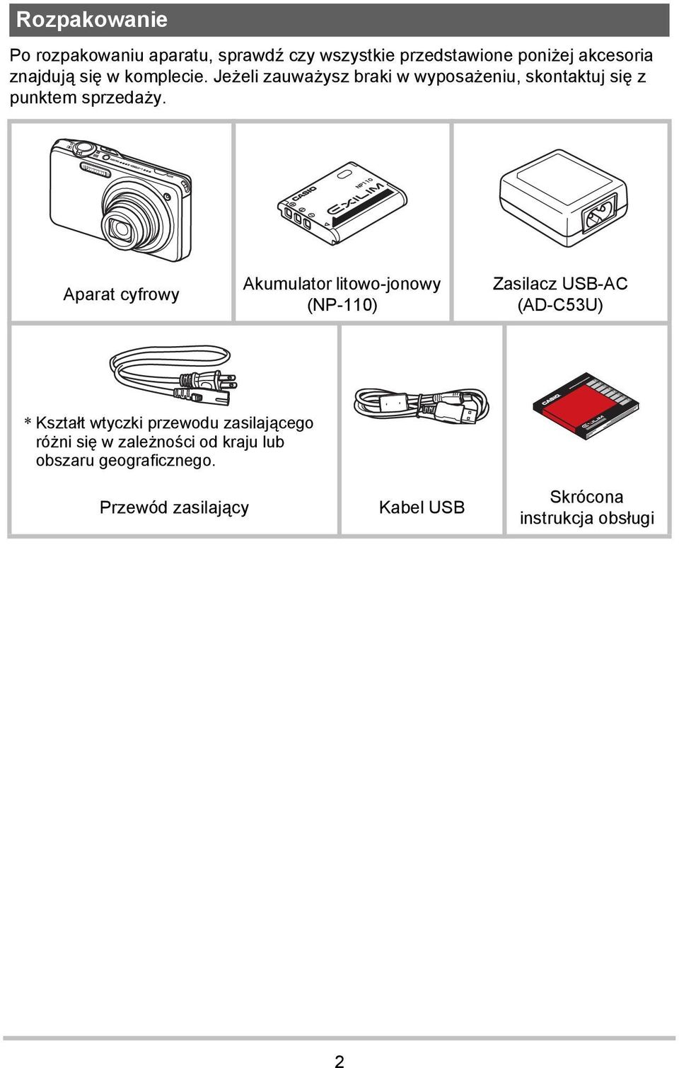 Aparat cyfrowy Akumulator litowo-jonowy (NP-110) Zasilacz USB-AC (AD-C53U) * Kształt wtyczki przewodu