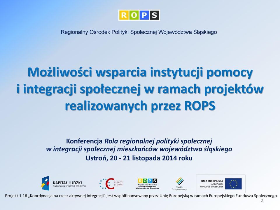 integracji społecznej mieszkańców województwa śląskiego Ustroń, 20-21 listopada 2014 roku Projekt 1.