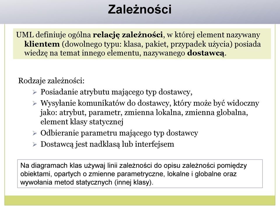 Rodzaje zależności: Posiadanie atrybutu mającego typ dostawcy, Wysyłanie komunikatów do dostawcy, który może być widoczny jako: atrybut, parametr, zmienna lokalna,