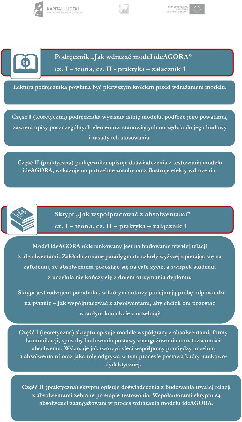 Część II (praktyczna) podręcznika opisuje doświadczenia z testowania modelu ideagora, wskazuje na potrzebne zasoby oraz ilustruje efekty wdrożenia. Skrypt Jak współpracować z absolwentami cz.