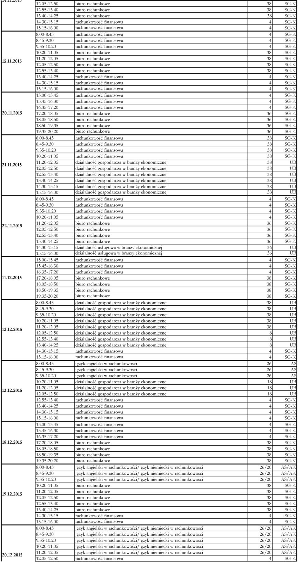 20-11.05 rachunkowość finansowa 38 SG-K 12.05-12.50 działalność gospodarcza w branży ekonomicznej 38 UB 12.55-13.40 działalność gospodarcza w branży ekonomicznej 38 UB 13.40-14.