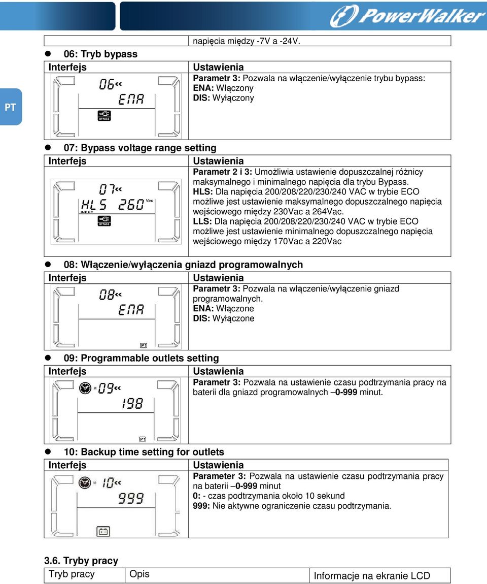 minimalnego napięcia dla trybu Bypass. HLS: Dla napięcia 200/208/220/230/240 VAC w trybie ECO możliwe jest ustawienie maksymalnego dopuszczalnego napięcia wejściowego między 230Vac a 264Vac.