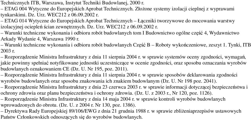 Warunki techniczne wykonania i odbioru robót budowlanych Część B Roboty wykończeniowe, zeszyt 1. Tynki, ITB 2003 r. Rozporządzenie Ministra Infrastruktury z dnia 11 sierpnia 2004 r.