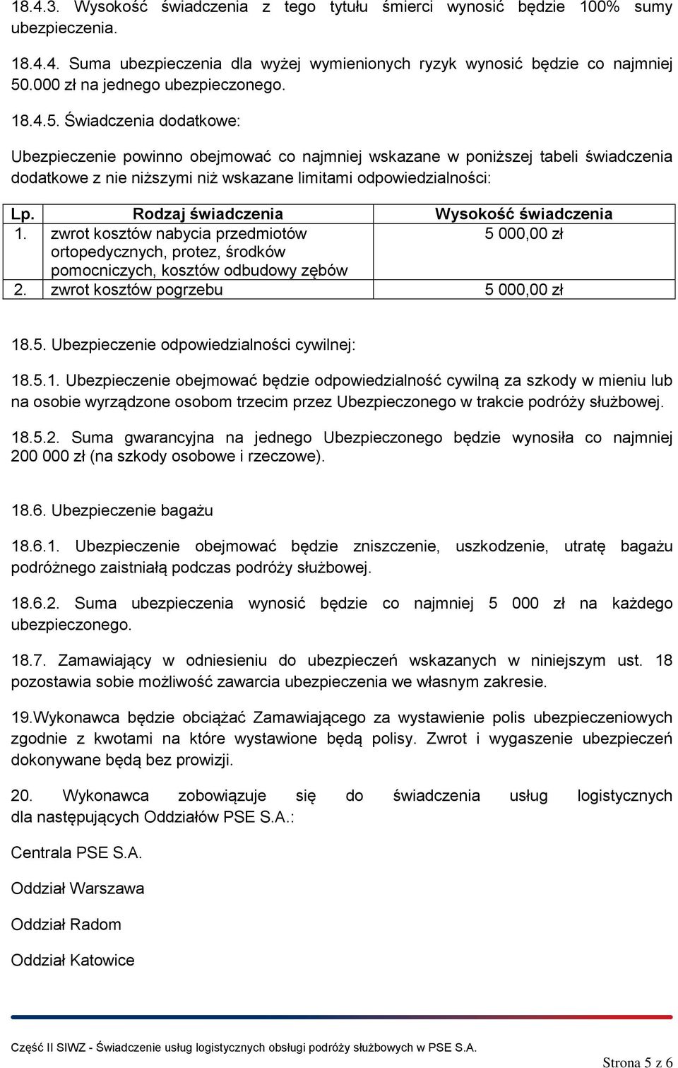 Świadczenia dodatkowe: Ubezpieczenie powinno obejmować co najmniej wskazane w poniższej tabeli świadczenia dodatkowe z nie niższymi niż wskazane limitami odpowiedzialności: Lp.