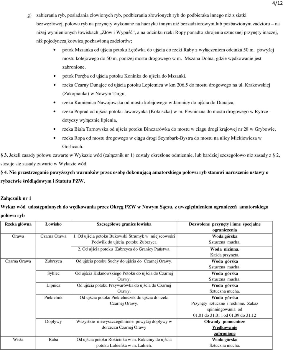 do ujcia do rzeki Raby z wyłczeniem odcinka 50 m. powyej mostu kolejowego do 50 m. poniej mostu drogowego w m.