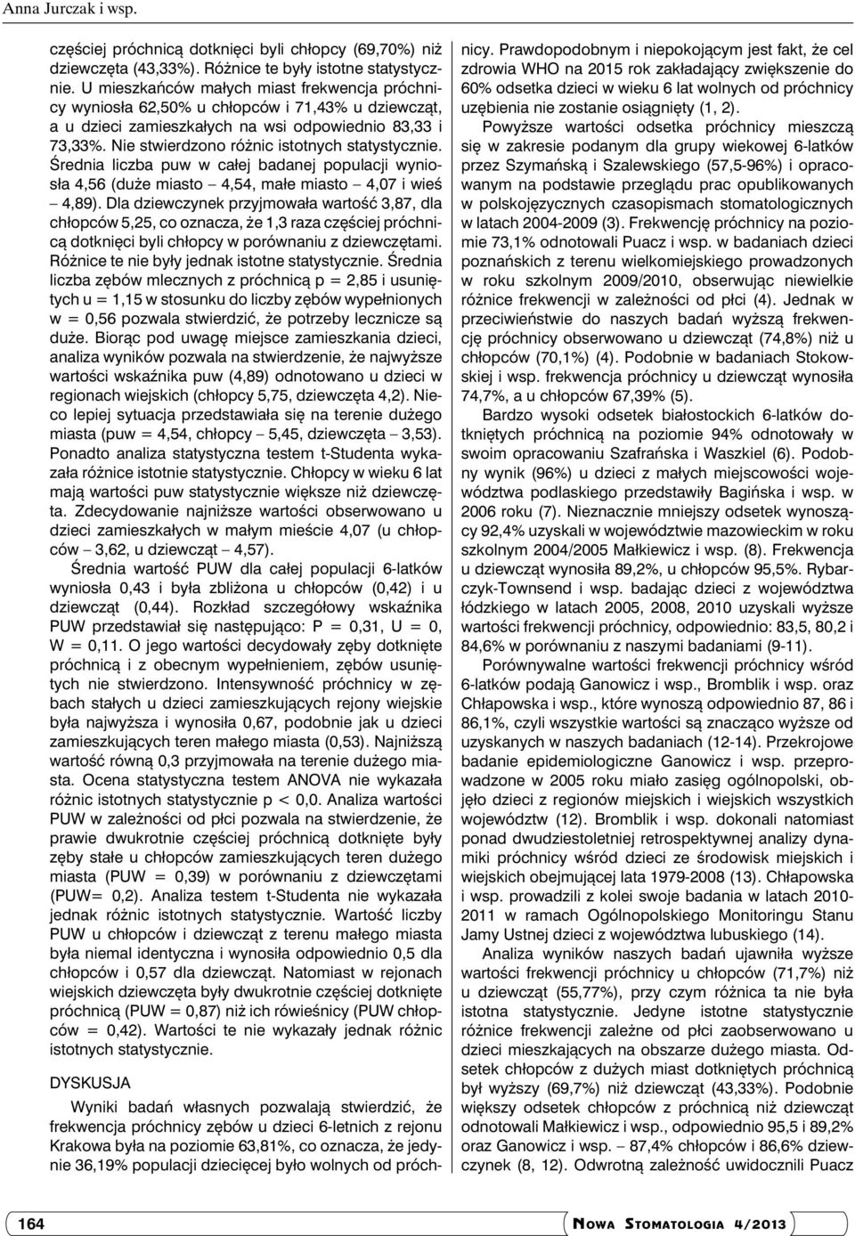 Nie stwierdzono różnic istotnych statystycznie. Średnia liczba puw w całej badanej populacji wyniosła 4,56 (duże miasto 4,54, małe miasto 4,07 i wieś 4,89).
