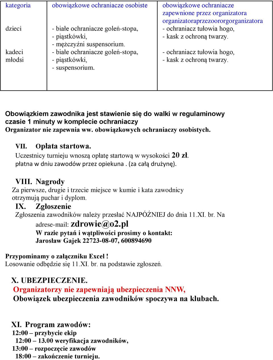 - ochraniacz tułowia hogo, - kask z ochroną twarzy. Obowiązkiem zawodnika jest stawienie się do walki w regulaminowy czasie 1 minuty w komplecie ochraniaczy Organizator nie zapewnia ww.