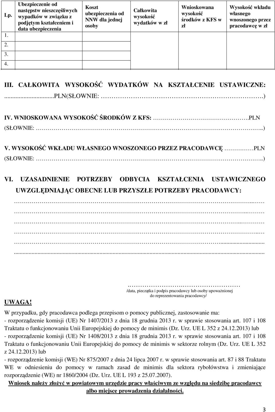 .) VI. UZASADNIENIE POTRZEBY ODBYCIA KSZTAŁCENIA USTAWICZNEGO UWZGLĘDNIAJĄC OBECNE LUB PRZYSZŁE POTRZEBY PRACODAWCY:.............. UWAGA!