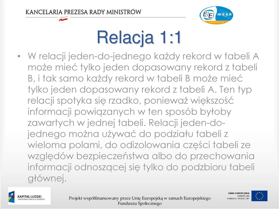 Ten typ relacji spotyka się rzadko, ponieważ większość informacji powiązanych w ten sposób byłoby zawartych w jednej tabeli.