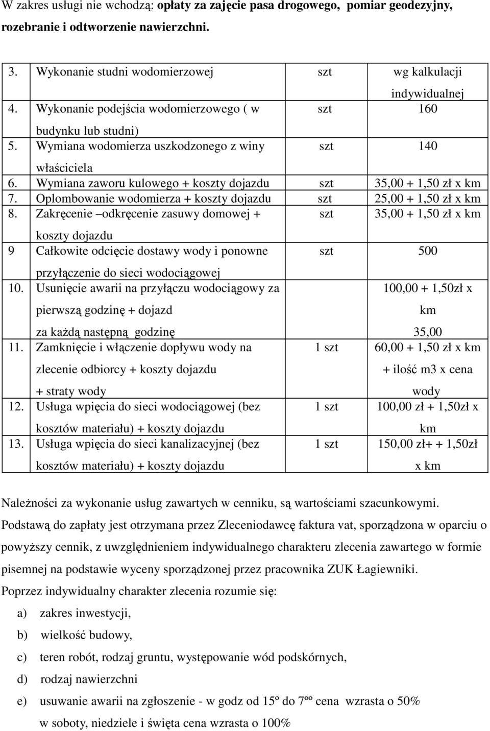 Oplombowanie wodomierza + koszty dojazdu szt 25,00 + 1,50 zł x 8.