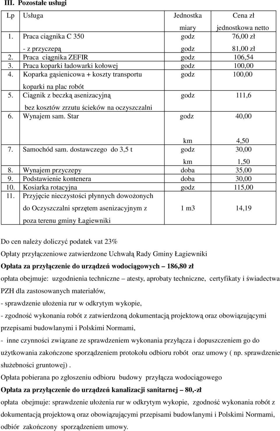 Ciągnik z beczką asenizacyjną godz 111,6 bez kosztów zrzutu ścieków na oczyszczalni 6. Wynajem sam. Star godz 40,00 7. Samochód sam. dostawczego do 3,5 t godz 4,50 30,00 1,50 8.