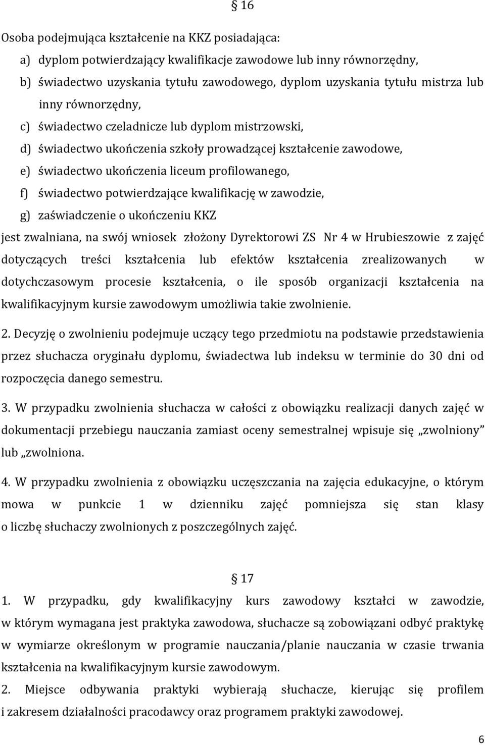 potwierdzające kwalifikację w zawodzie, g) zaświadczenie o ukończeniu KKZ jest zwalniana, na swój wniosek złożony Dyrektorowi ZS Nr 4 w Hrubieszowie z zajęć dotyczących treści kształcenia lub efektów